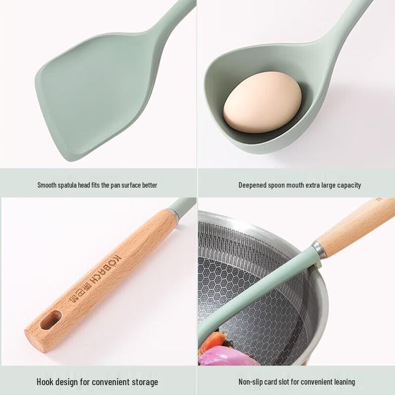 KBH Beech Wood Handle Silicone Spatula & Ladle Set