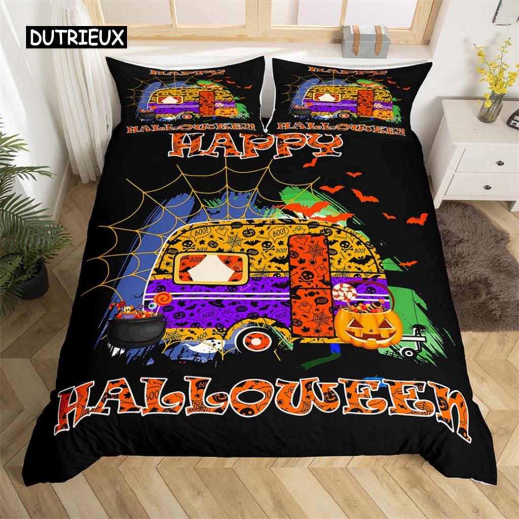 Happy Halloween Duvet Cover King Pumpkin Lantern Camping Car Bedding Set For Kids Boys Girl Bedroom Cartoon Festival Quilt Cover