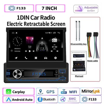 Uniwersalne Radio samochodowe 1Din 7-calowy elektryczny, chowany ekran dotykowy Odtwarzacz MP5 Bezprzewodowy Carplay Mirror Link Multimedia Autoradio