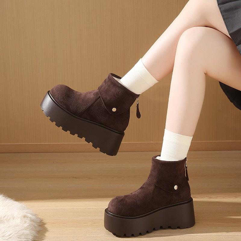 Thick-soled Heightening Snow Boots Women's 2025 New Winter Plush Warm Fluffy Short Boots Fashionable Ugly and Cute Big-headed Cotton Shoes