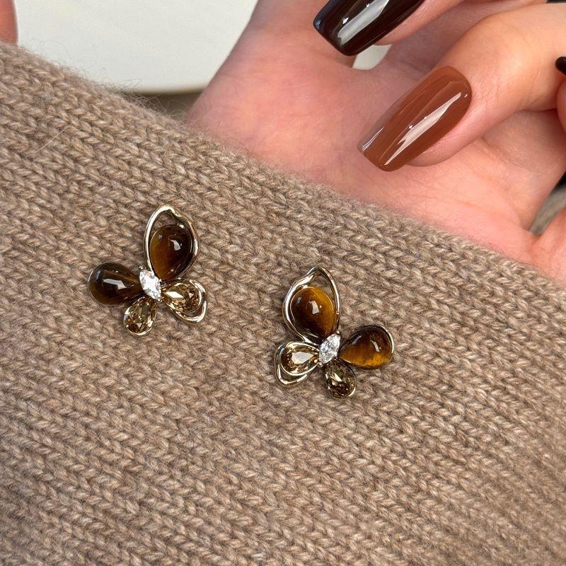 Элегантные Серьги-Гвоздики в Форме Бабочек с Серебряной Иглой, Фианитом и Имитацией Тигрового Глаза - Ретро, Универсальные, Высококачественные Меланиновые Серьги