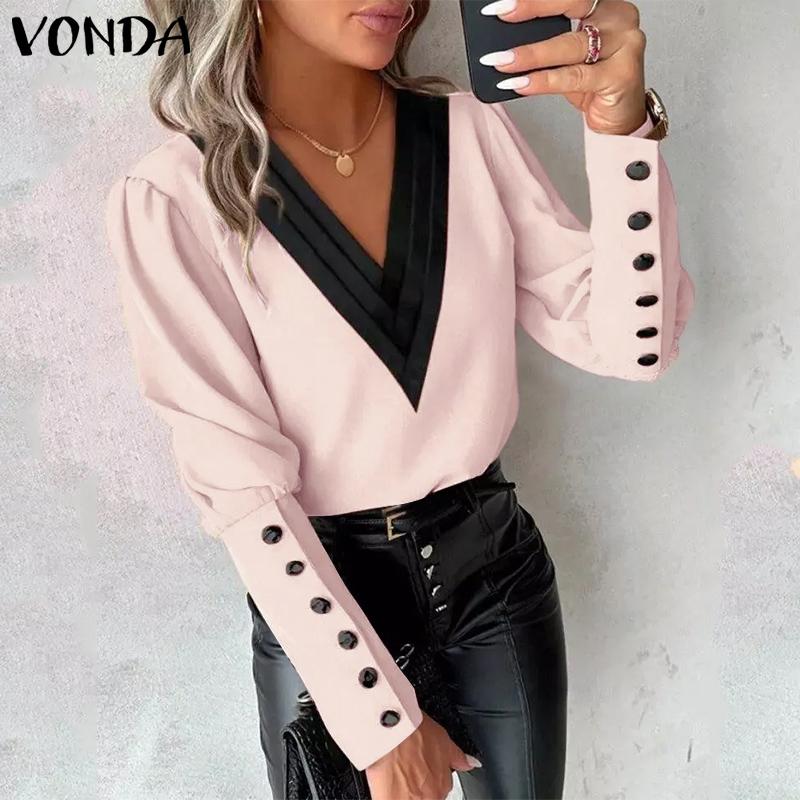 VONDA Dámské podzimní halenky s výstřihem do V a dlouhým rukávem zdobené manžetovými knoflíčky