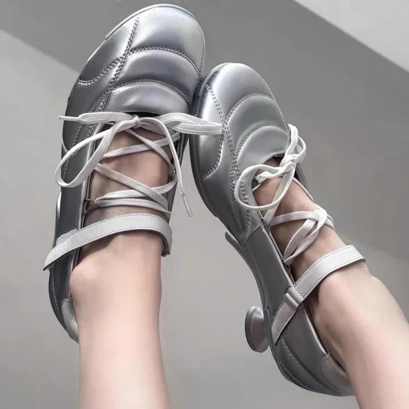 Fashion Designer Heeled Ballet Pumps Women Round Toe Cross Lace Up Strange Shoes Sporty Style Silver Brand Low Heeled Shoes