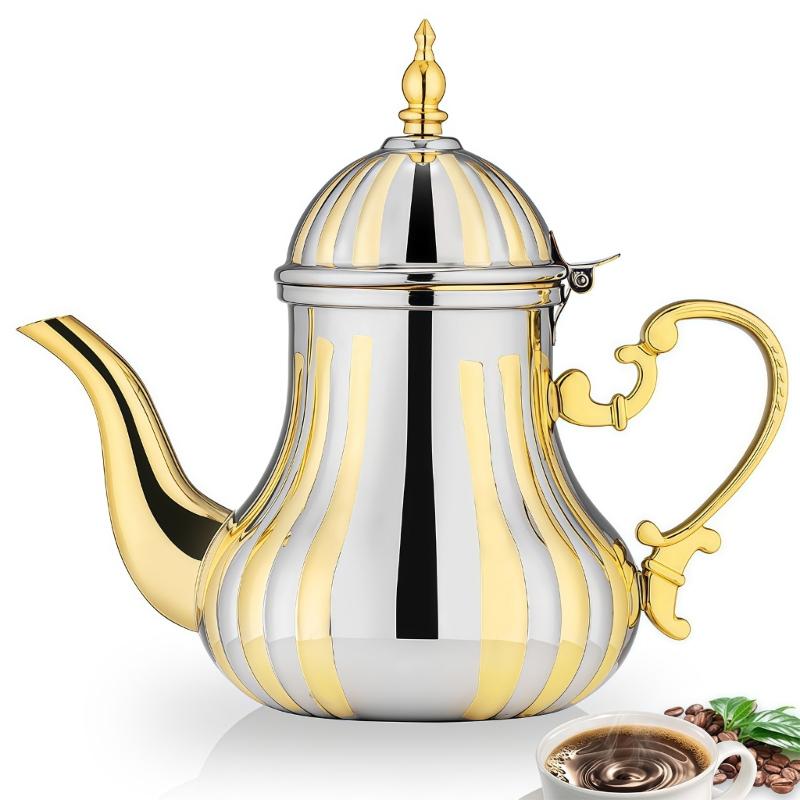 Arabics Coffee Pot 1.2L Stainless Steel Turkish Teapot Gold and Silver Wide Mouthed Hot Drink Servers for Coffee Tea Service