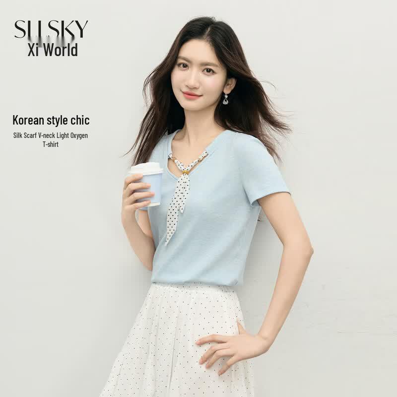 Women s Korean Style Beaded Polka Dot V-Neck T-Shirt M
