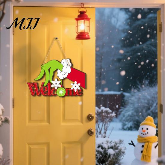 Decorative Hanging Plaque for Porch Christmas Wooden Pendant, Reindeer/Santa Claus/Gnome Pattern Sign, Welcome Sign with Holiday Ornament Yard