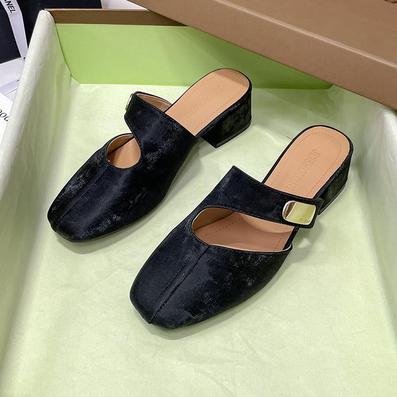 

5 new French temperament thick heel bag head half slippers women wear summer Mary Jane lazy Muller sandals 39 чёрный