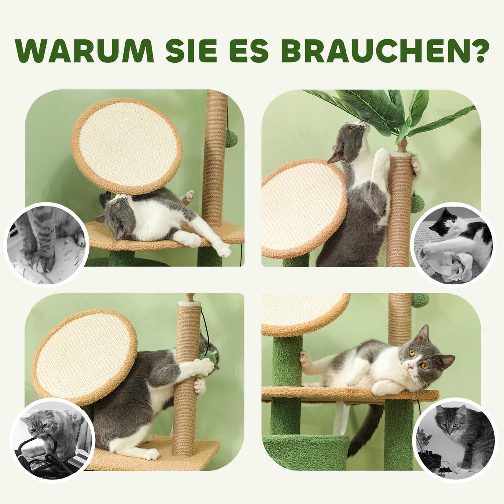 Cat Tree, 139 cm Cat Tree with Cave, Play Balls, Sisal Scratching Posts and Platforms, for Two Cats, Green