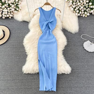 Ärmelloses, hohles, geteiltes Wickelkleid, Midi, sexy, modisch, elastisch, eng, Party, elegant, schick, Strandurlaub, Sommer-Damenkleid