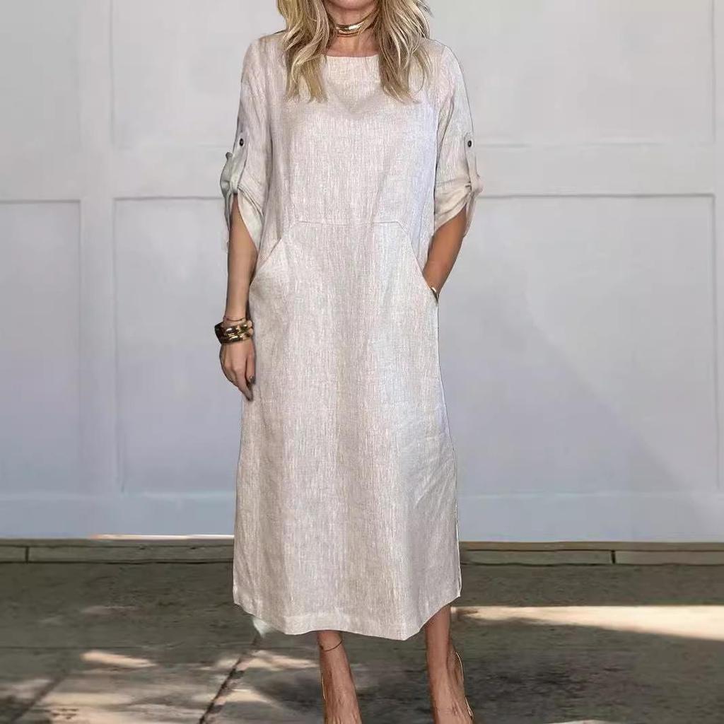 2024 Fall/Winter Women's Cotton Linen Solid Color Casual Round Neck Long Dress with Double Side Pockets