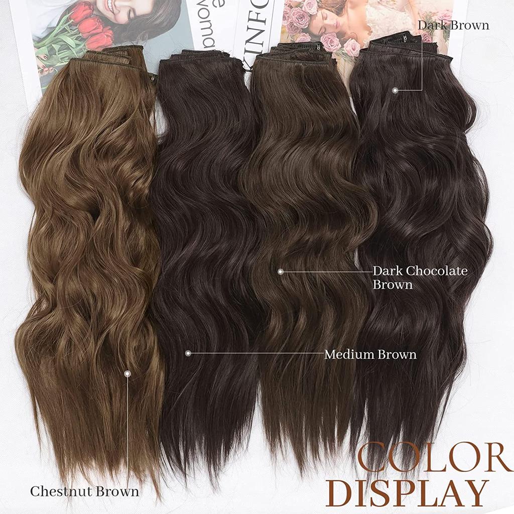 MISSQUEEN Light Brown Long Wavy Hair Extensions Synthetic Fiber Natural 4 Pieces Clip On Hairpiece Women Fashion Daily Wear Hair
