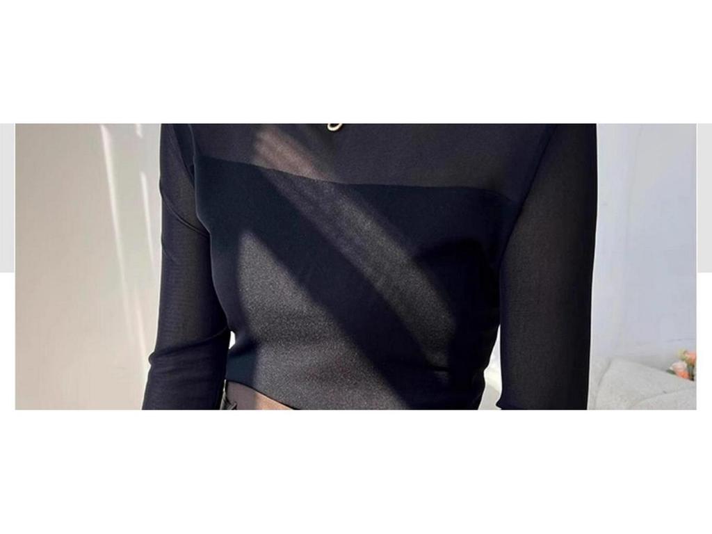 Women's Slim-Fit Velvet Base T-Shirt with Mesh Sleeves: Elegant Half-High Collar for Autumn/Winter