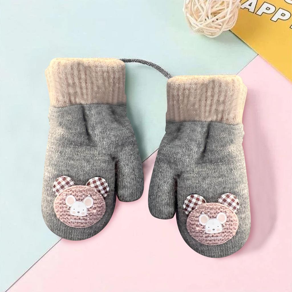 Lanyard Baby Gloves Infant Cartoon Knitted Warm Plus Velvet Thickened Winter Children's Cute Cartoon Gloves