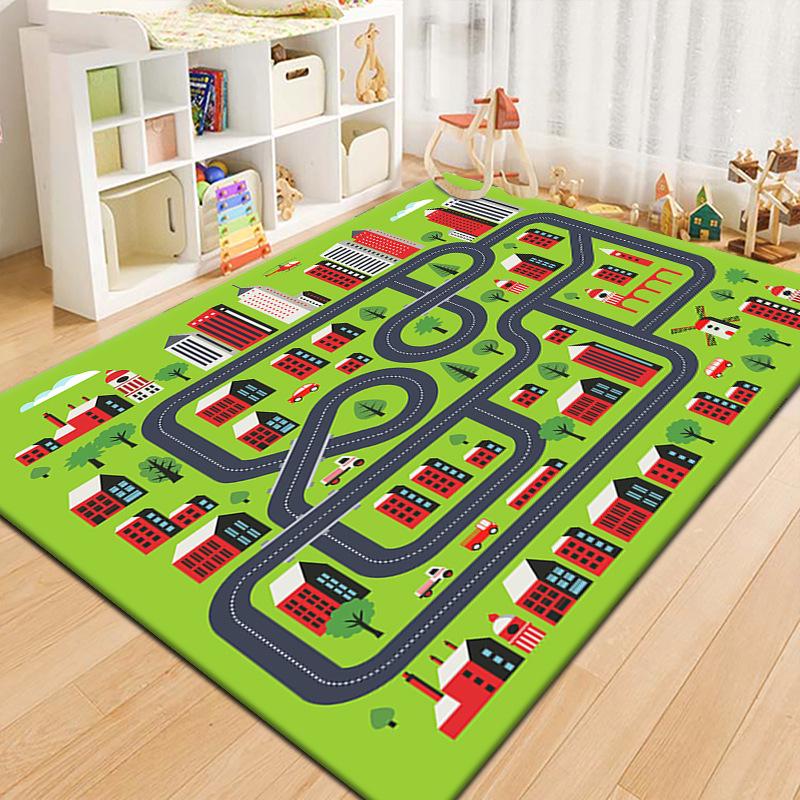 Cartoon Roadway Velvet Rug: Durable, Dirt-resistant Play Mat for Kids