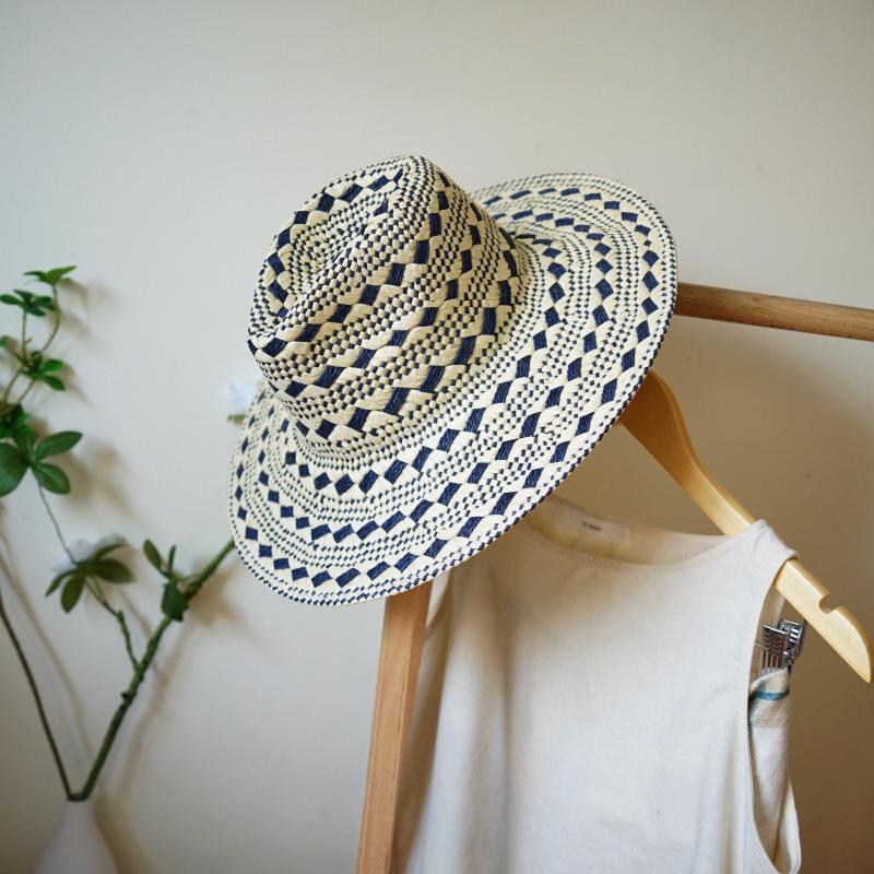 

Japanese Blue And Beige Woven Flat-Top Big-Brimmed Jazz Top Hat For Men And Women Summer Vacation Beach Sun Protection Retro Straw Hat M（56-58cm）