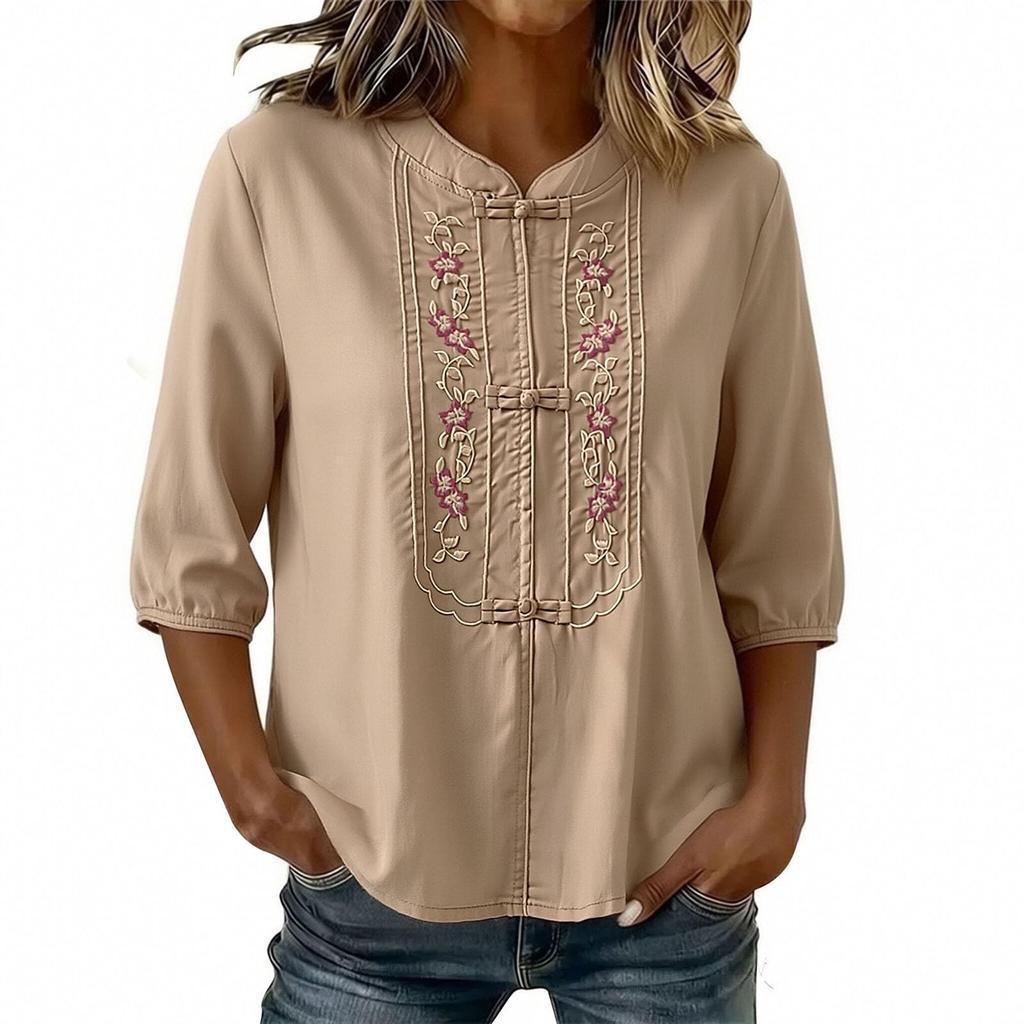 Women's Summer Fashionable Round Neck Five Quarter Sleeve Cotton And Linen Shirt With Flower Embroidery Button Top