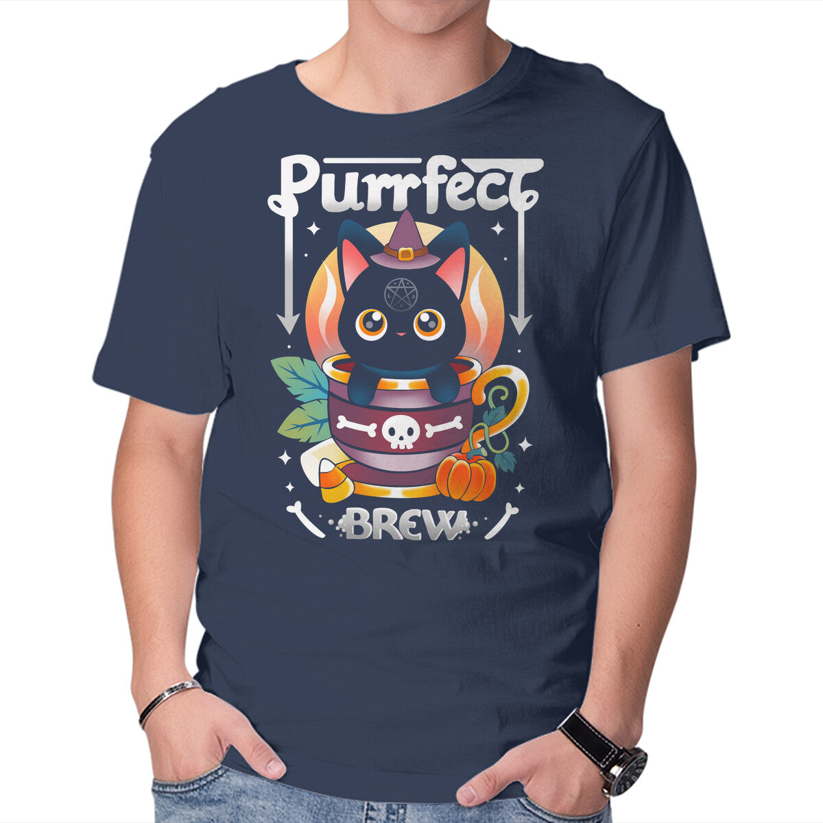 Unisex Crew Neck T-Shirt Purrfect Brew Graphic Short Sleeve Casual Tee M