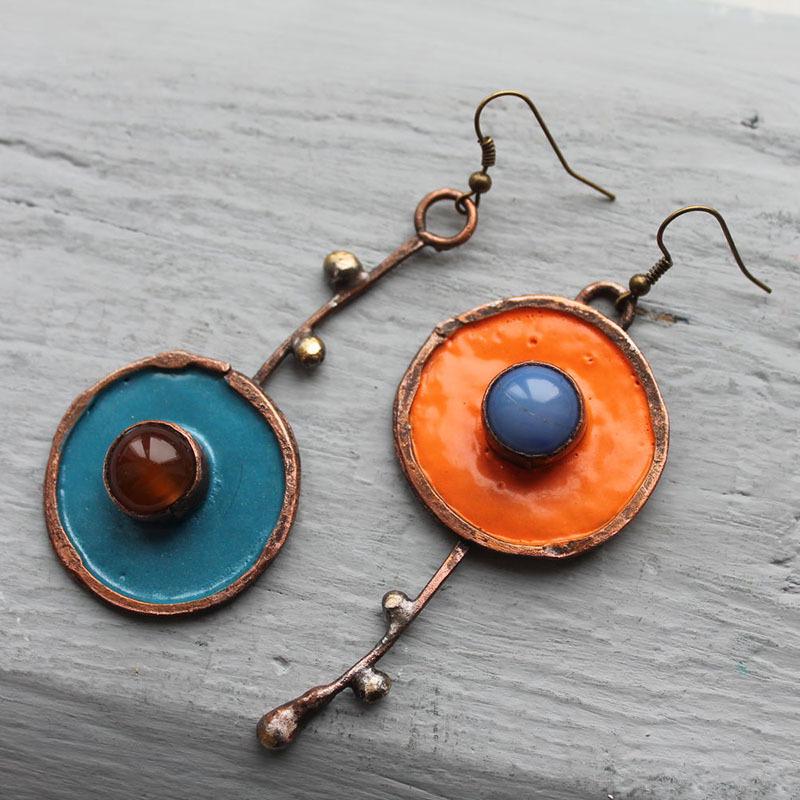 Asymmetrical Graffiti Antique Copper Earrings with Diamond Inlay - European & American Artisan Design