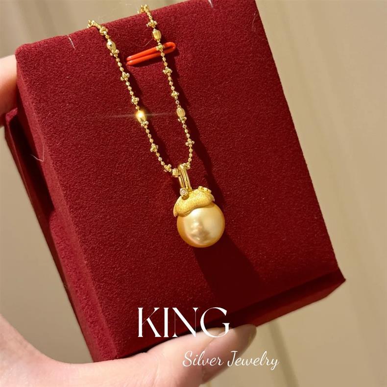 Christmas Pearl Gold Bead Necklace | 925 Silver Gold-Plated Brushed Australian Retro Fashion