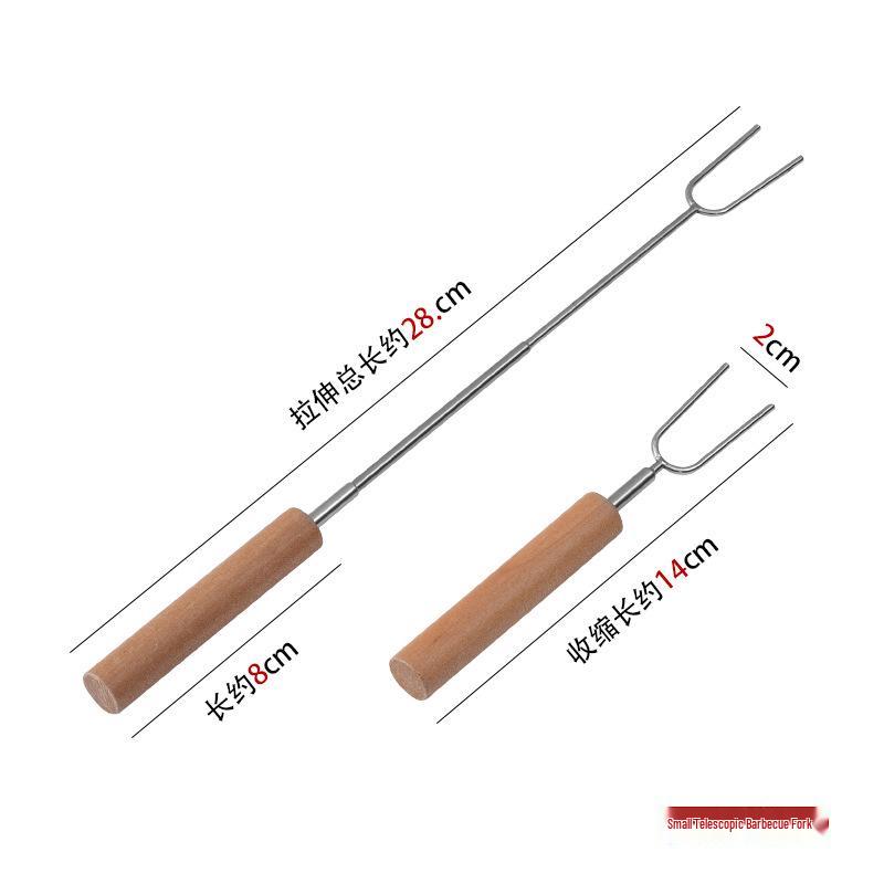 

Wooden Handle U-Shaped Telescopic BBQ Fork - Stainless Steel Grill Tool for Chicken Wings, Hot Dogs, and Skewers.