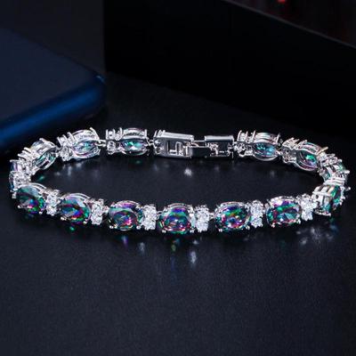 Pulseira de tênis de cor prateada com zircônia oval arco-íris místico da Segunda Guerra Mundial