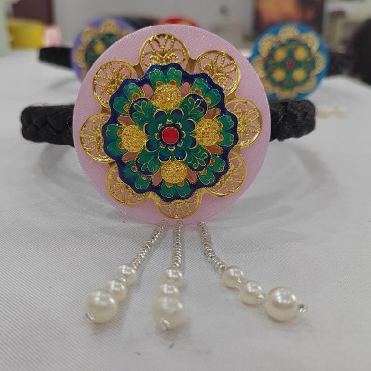 Blue Glaze Pearls Korean Hair Hoop Traditional Headband for Stage Shows and Ethnic Festivals Handmade Hair Accessories