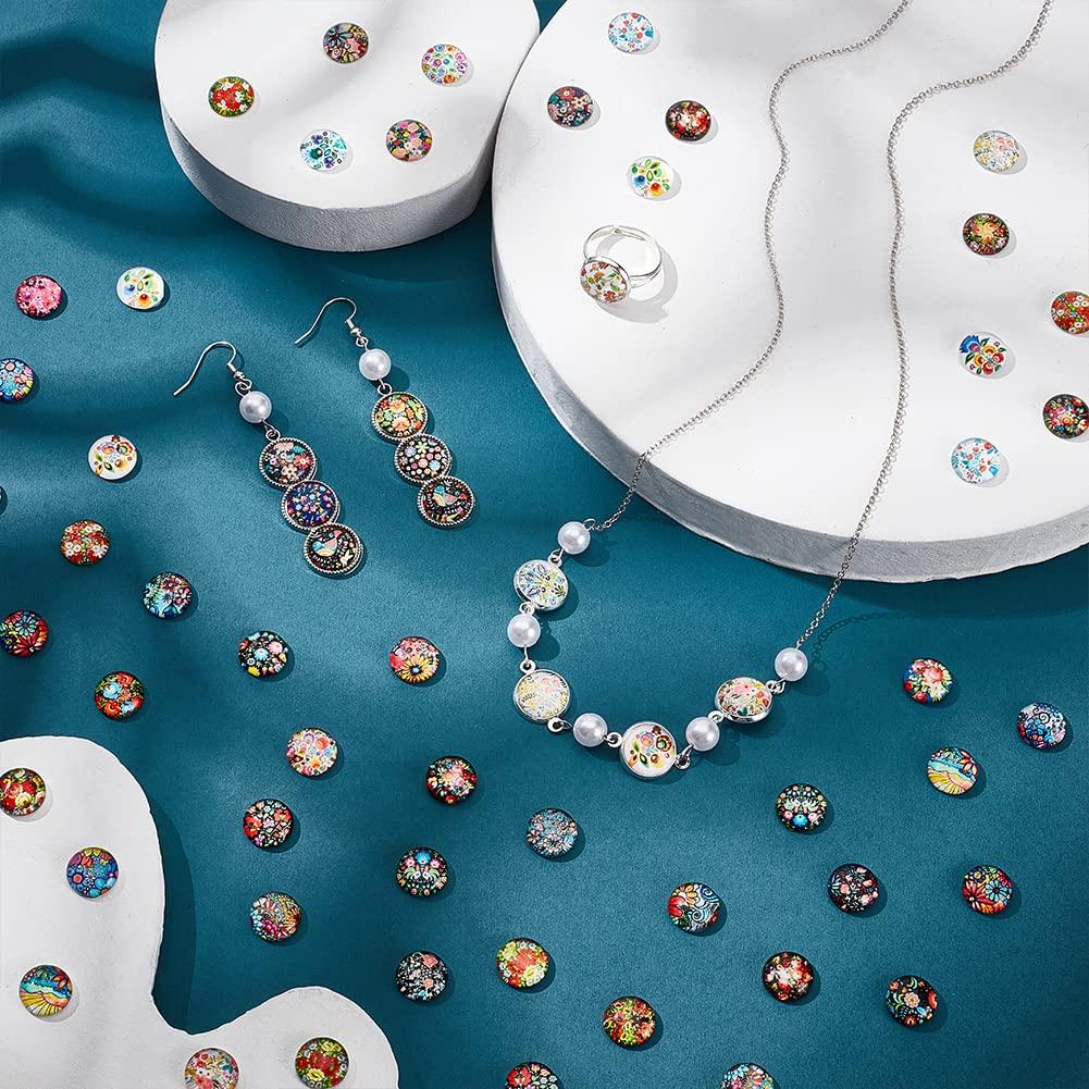 PH PandaHall Set of About 100 Cabochons 12mm Floral Pattern Rainbow Color Glass Cabochon Round Beads Mixed Circular Magnifying Lens Effect Accessory