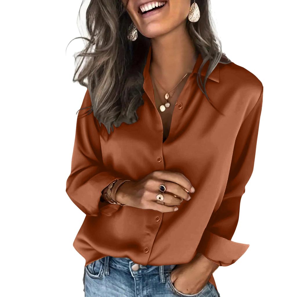 Women's Fashion Casual Solid Color Split Button Long Sleeve Shirt Top