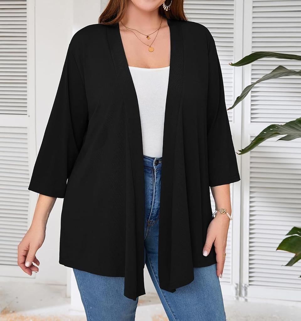 Cardigan Femme Grande Taille Manches 3/4 Léger et Fin Ouverture Devant Style Châle Tricoté Haut Décontracté Doux et Fluide