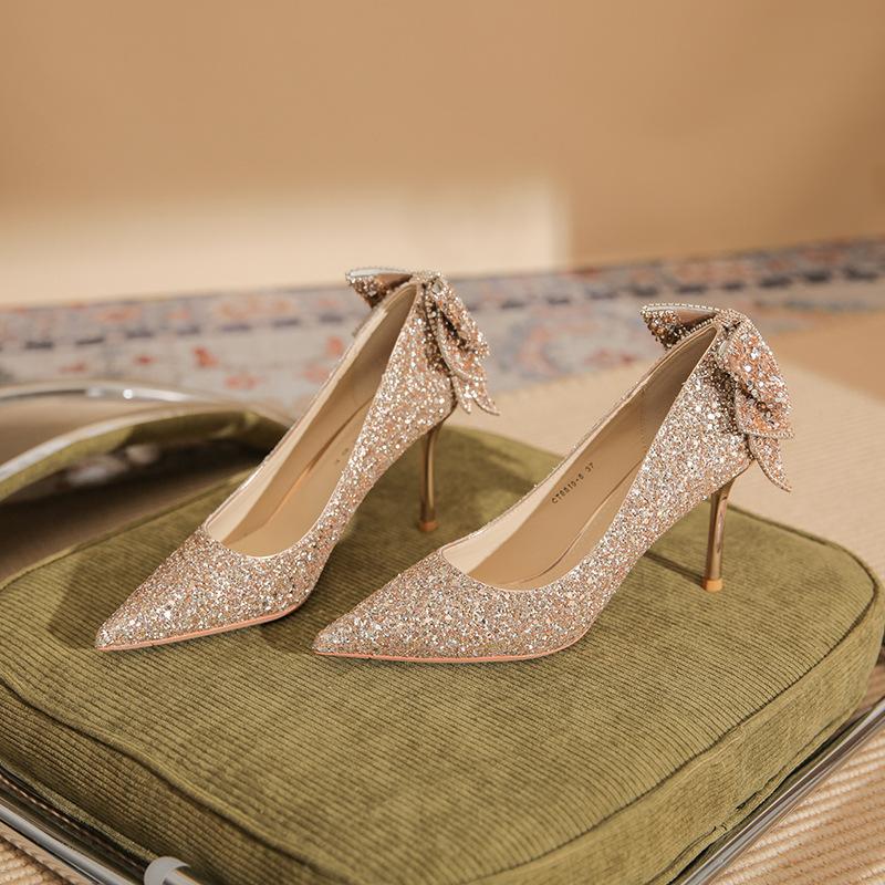 

819-10 high heels women s spring 2025 new pointed crystal wedding shoes sequined bow stiletto shoes 34