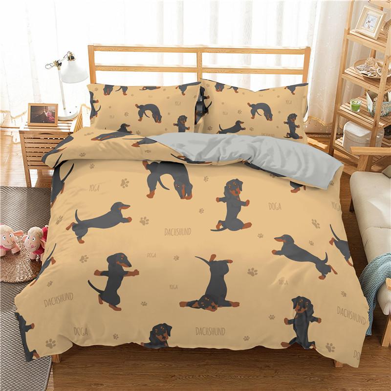Cartoon Sausage Dog Pattern Down Bedcover Pillowcase 3D Cute Animal Bedding Set 2/3 Twin Queen Large Bedroom Cover