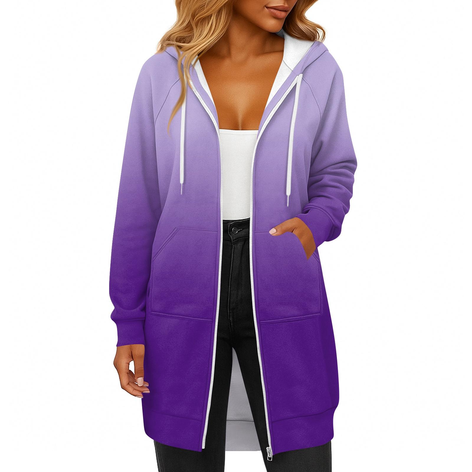 

Женская модная толстовка с длинными рукавами, принтом, капюшоном на кулиске, карманом на молнии, длинная, повседневная XXL фиолетовый