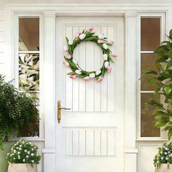 Artificial Tulip Wreath with Vine Base Lifelike Floral Door Wall Hanging Decor for Home Garden Party Fade-Resistant Reusable Spring Home Decoration