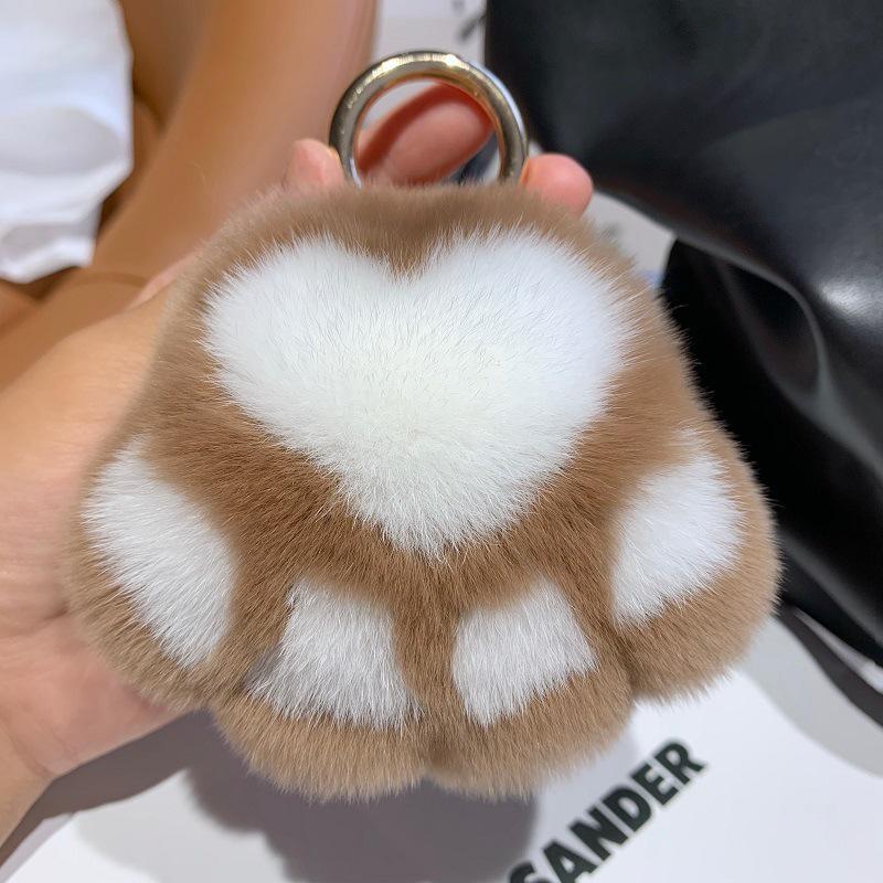 Kitten Paw Rex Rabbit Fur Keyring Pendant - Cute Plush Ball Bag Charm Birthday Gift