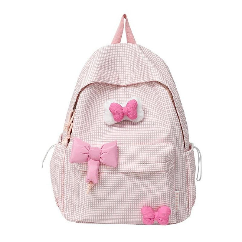 Cute Bowknot Plaid Backpack for Women Girls Large Capacity School Bag Casual Travel Daypack College Student Bookbag