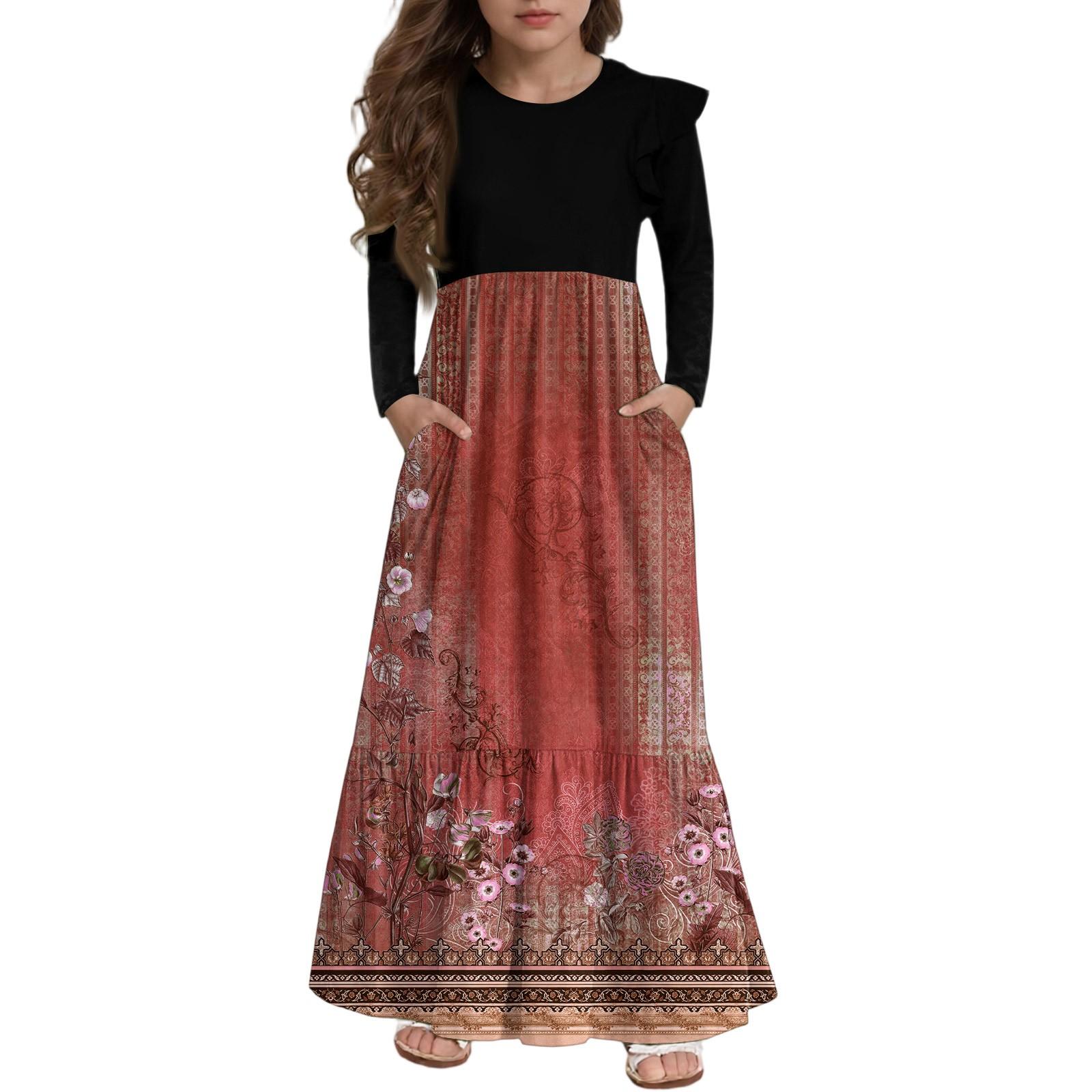 

Платье с многоярусными оборками для девочек - Макси с длинным рукавом и принтом, с карманами 140 винный