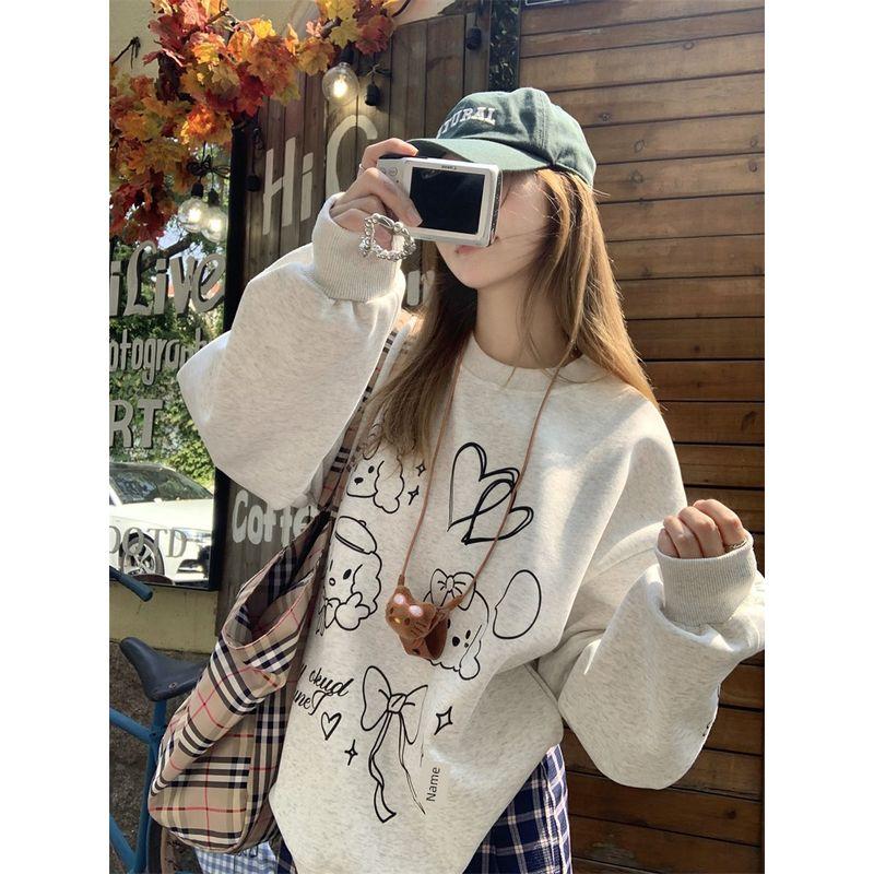 Kumikumi Sweet Style Fun Cartoon Print round Neck Long Sleeves Sweatshirt Female Autumn Loose Versatile Casual Top