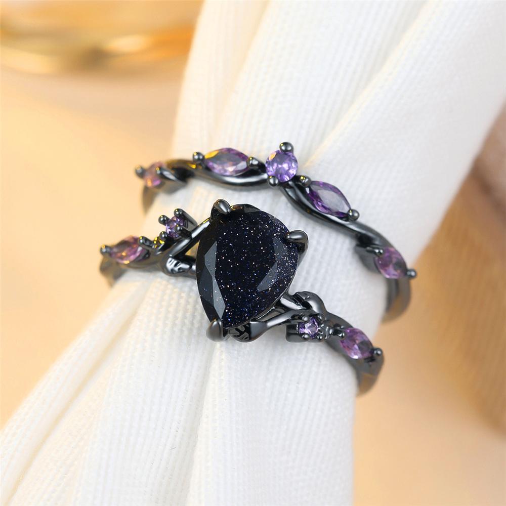 Charm Female Purple Zircon Stone Engagement Ring Set Vintage Black Gold Color Bridal Wedding Bands Party Jewelry For Women