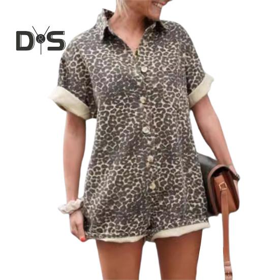 

Женский летний комбинезон с леопардовым принтом, короткими рукавами, отложным воротником и короткими рукавами, однобортный, свободный, короткий комбинезон в стиле отпуска S Leopard Print