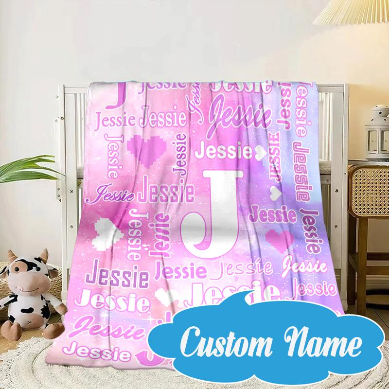 Custom Name Pink Heart Blanket bed sofa Blanket Flannel Blanket for Camping, Hiking, Picnic Essentials,gift for Fan family