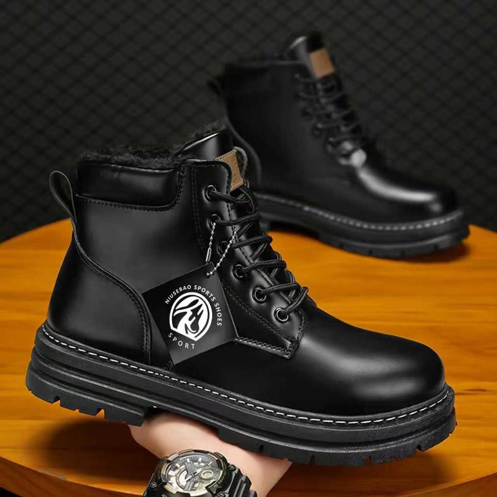 Men Fleece Lined Thickened Mid Calf Martin Boots Retro British Style Outdoor Work Boots