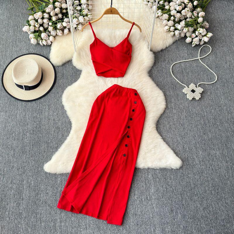

Fashion Suit Women s Summer Sexy Padded Strap Vest Two-Piece Set High Waist Slimming Slit Sheath Skirt Red One size