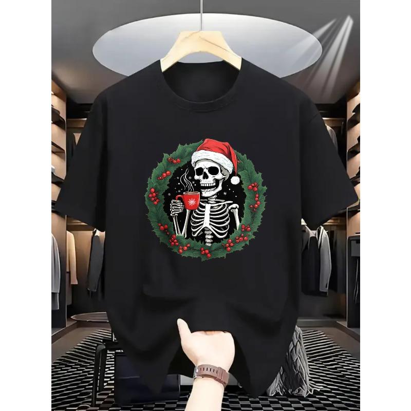 

Christmas Skeleton T-Shirt Featuring a White Santa Skull with a Floral Wreath Print, Perfect for Festive Parties And Casual Wear 5XL різнокольоровий
