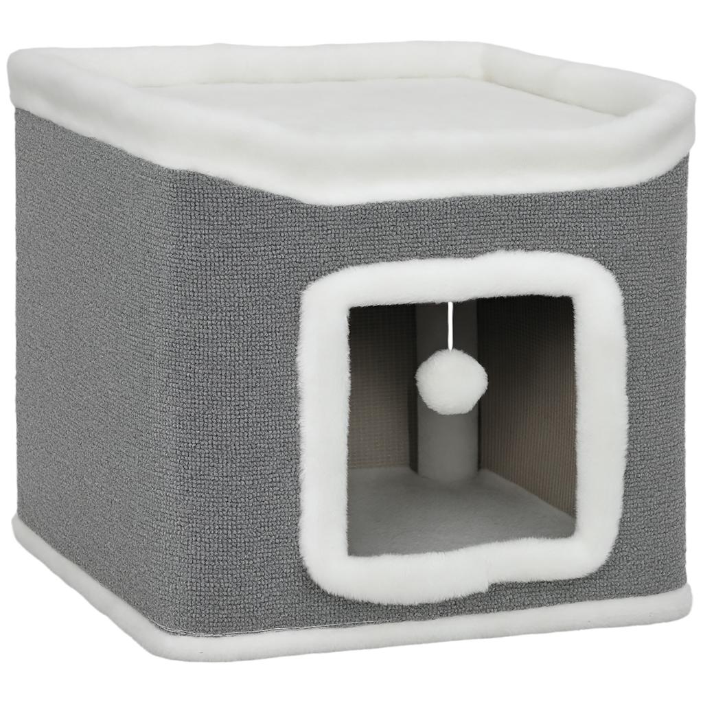 Cat House for Indoor Kittens, 2-Level Cat Cave Bed with Fluffy Balls, Top Bed, Kitten Barrel for Multi Kitties, Grey