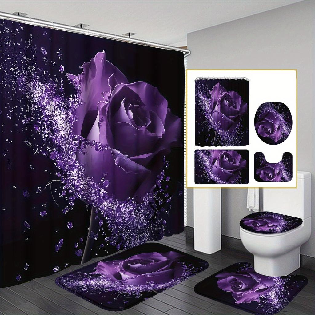 4-teiliges königliches Duschvorhang-Set zum Valentinstag mit rutschfester Badematte, Toilettendeckelbezug, Kontur-Teppich & 12 Haken, Badezimmer-Dekoration