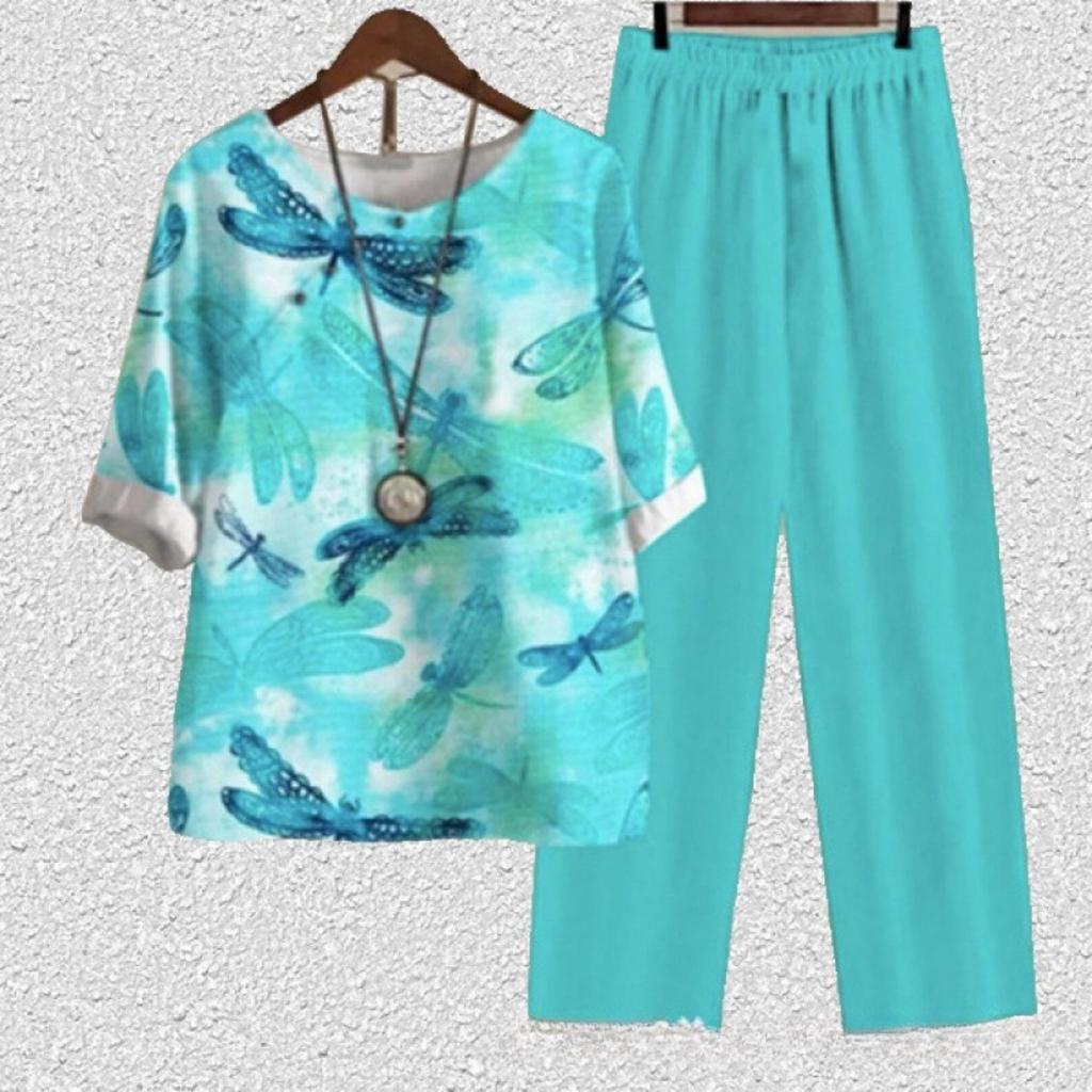 Women's Loose Fit Floral Printed Two Piece Outfit Half Sleeve T-Shirt Elastic Waist Pantsuit