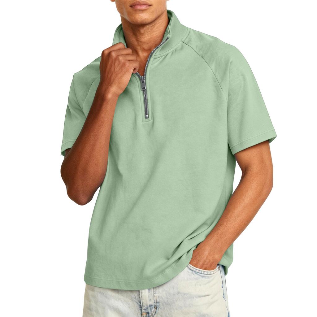 Men's Quarter-length Zipper Stand-collar Casual Short-sleeved Shirt