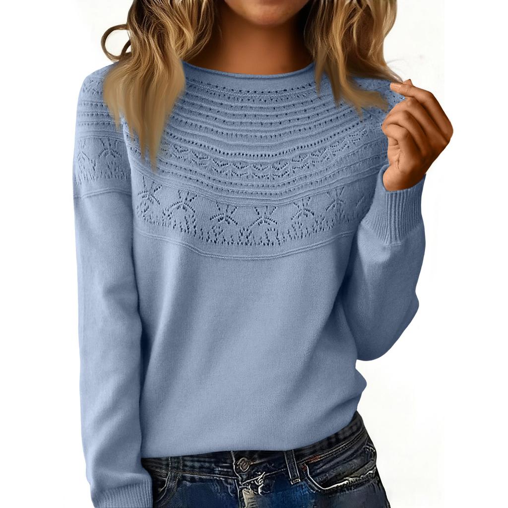 Women's Fashion Rolled-Collar Round Neck Lace-Up Pullover Knit Sweater Long Sleeve Solid Color Sweater