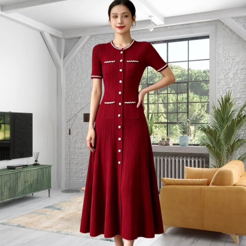 Elegant Lady Beaded Knitted Long Dress Women's Solid Short Sleeve O-Neck Single-breasted Bodycon Party Dress Female