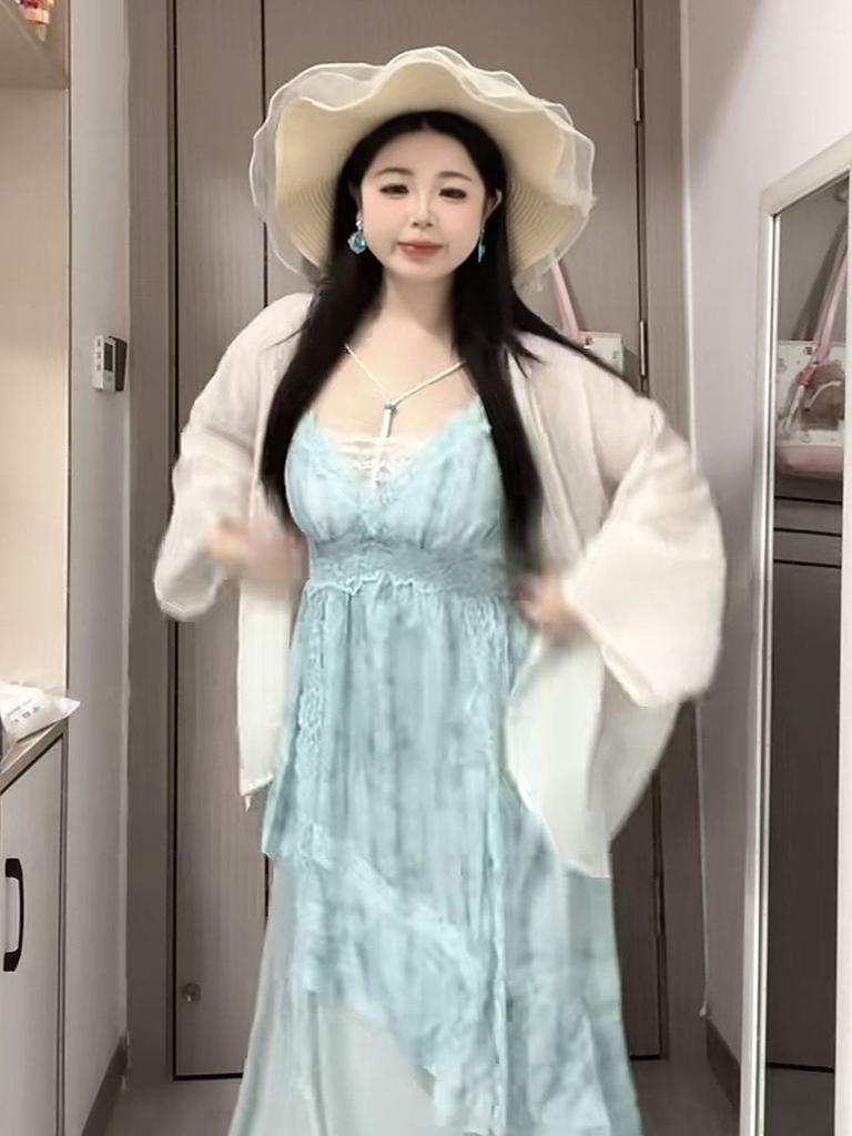 Large Size Fat Mm Suspender Dress Summer Suit Design Lace Lace Gentle Tie-dye Long Dress Slim Cardigan